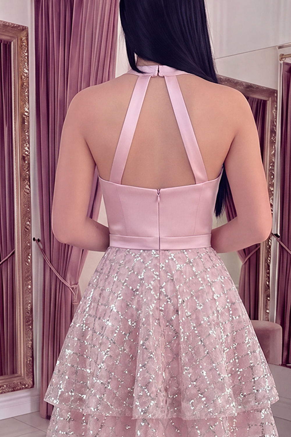 Sparkly Blush Halter Short A Line Beaded Homecoming Dress with Ruffles