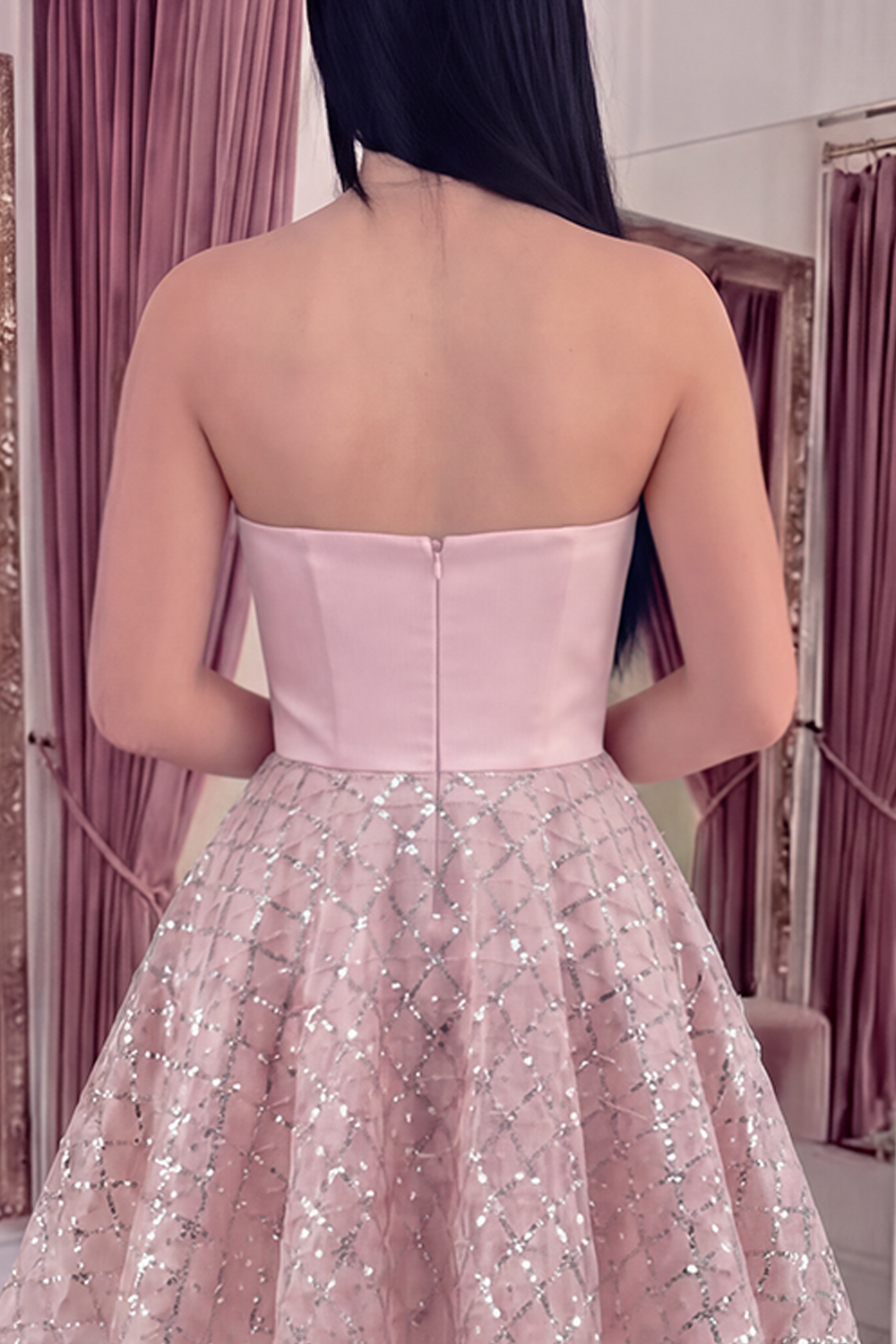 Sparkly Ruched Strapless Short A Line Blush Beaded Homecoming Dress