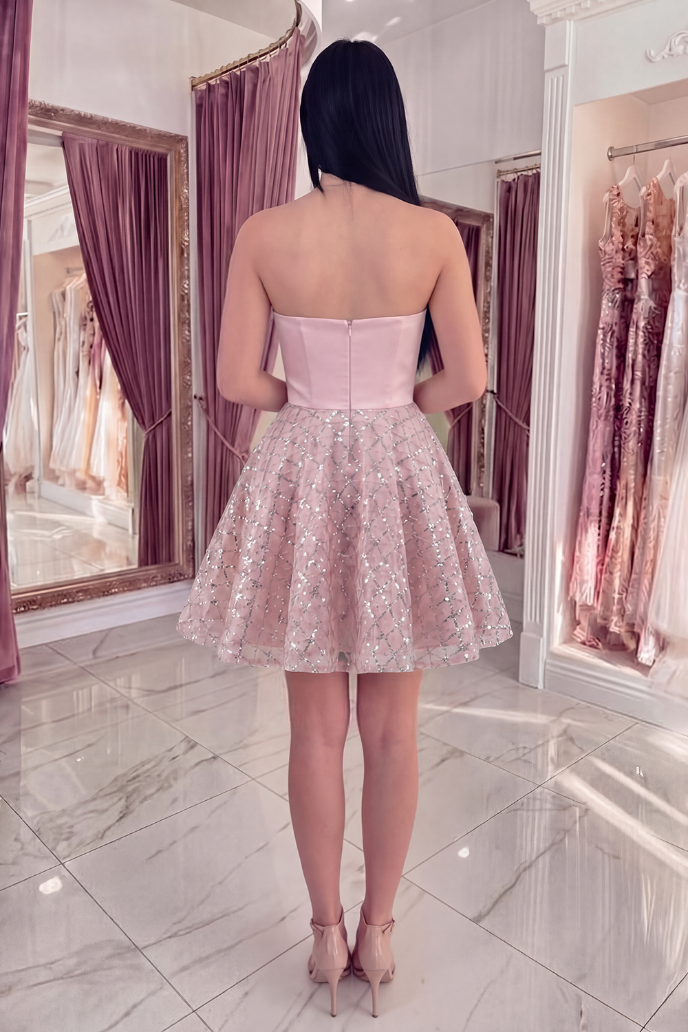 Sparkly Ruched Strapless Short A Line Blush Beaded Homecoming Dress