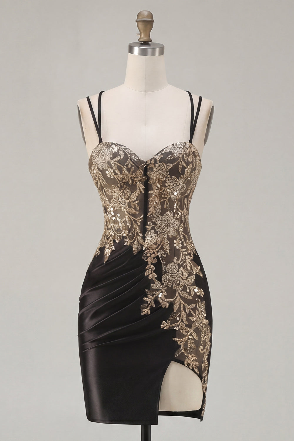 Sparkly Black Tight Short Corset Ruched Appliqued Homecoming Dress with Slit