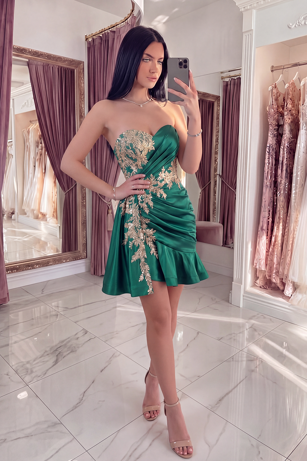 Sparkly Dark Green Sweetheart Short A Line Appliqued Homecoming Dress with Ruffles