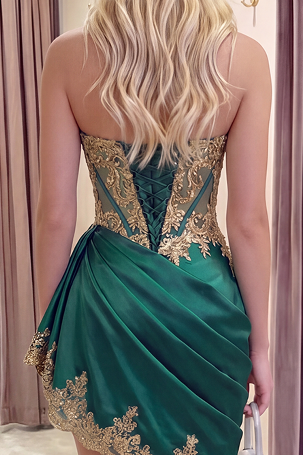 Sparkly Dark Green Strapless Corset Ruched Short Appliqued Homecoming Dress with Ruffles