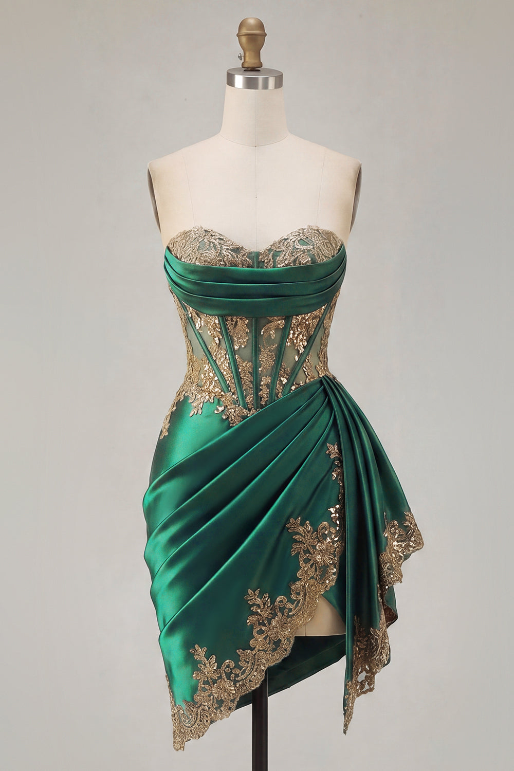 Sparkly Dark Green Strapless Corset Ruched Short Appliqued Homecoming Dress with Ruffles