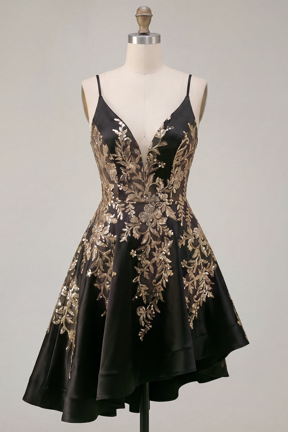 Sparkly Black Spaghetti Straps Asymmetrical A Line Sequin Homecoming Dress