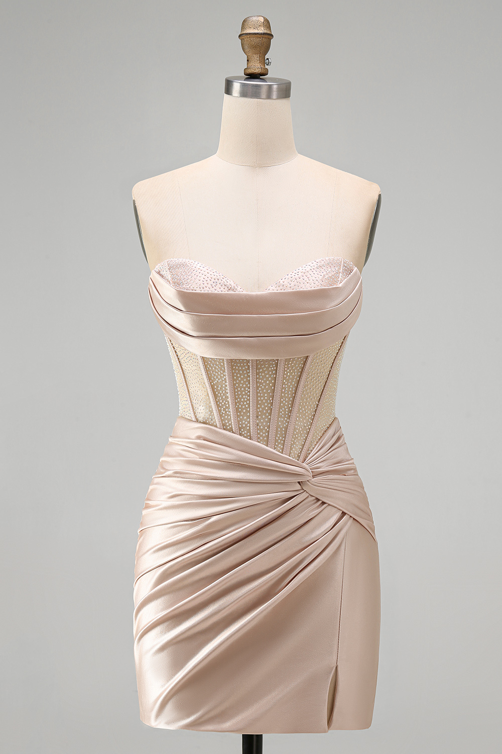 Champagne Corset Satin Short Strapless Ruched Homecoming Dress with Slit