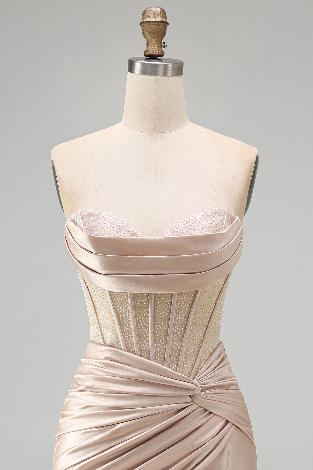Champagne Corset Satin Short Strapless Ruched Homecoming Dress with Slit