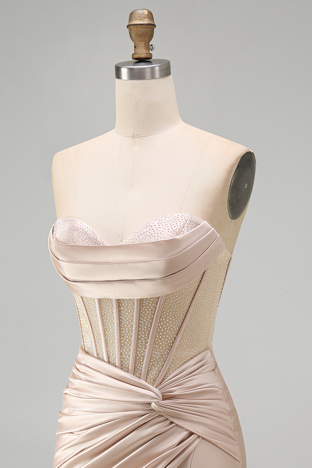 Champagne Corset Satin Short Strapless Ruched Homecoming Dress with Slit