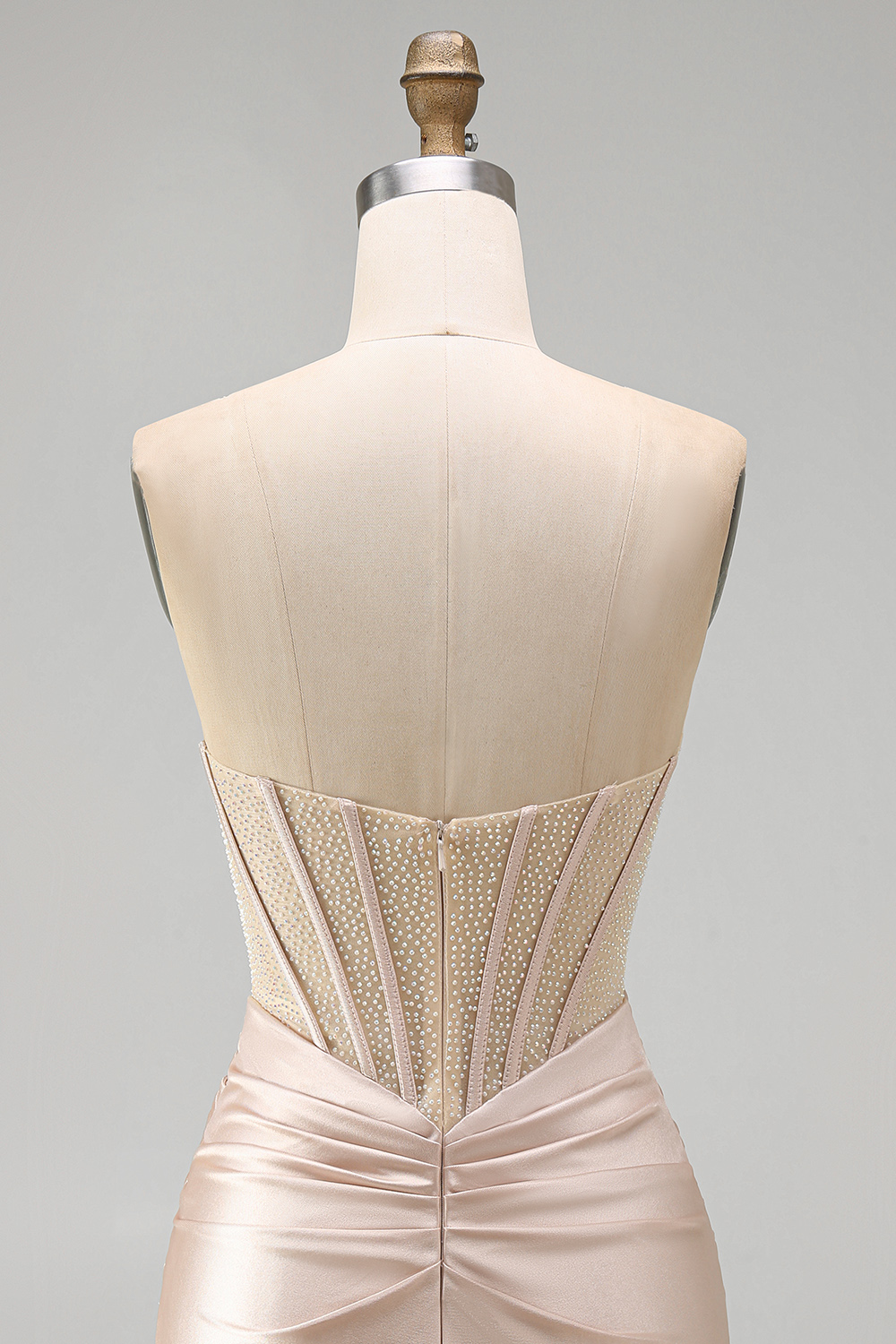 Champagne Corset Satin Short Strapless Ruched Homecoming Dress with Slit