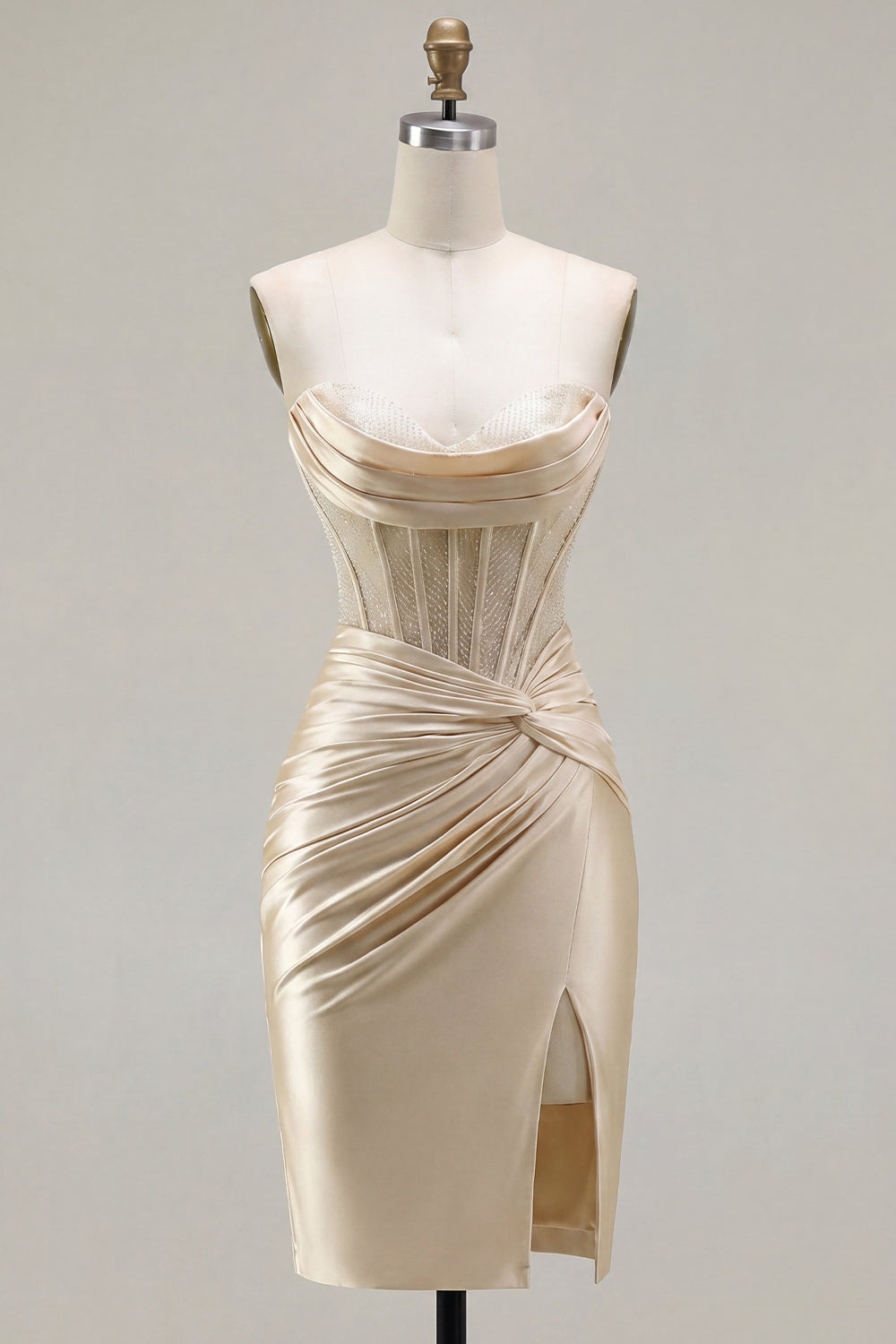Champagne Corset Tight Short Strapless Ruched Homecoming Dress with Slit
