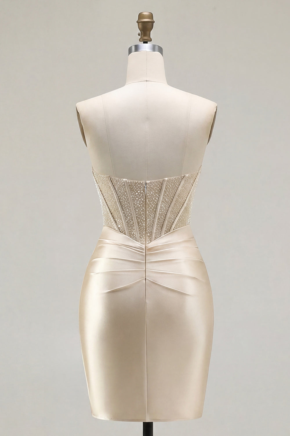 Champagne Corset Tight Short Strapless Ruched Homecoming Dress with Slit