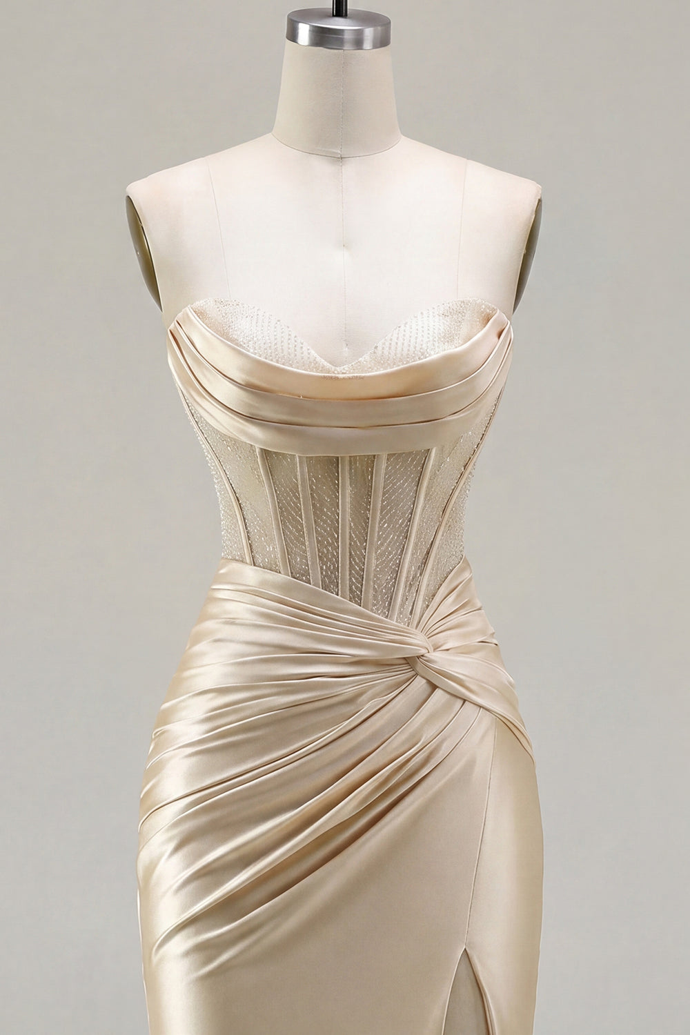 Champagne Corset Tight Short Strapless Ruched Homecoming Dress with Slit