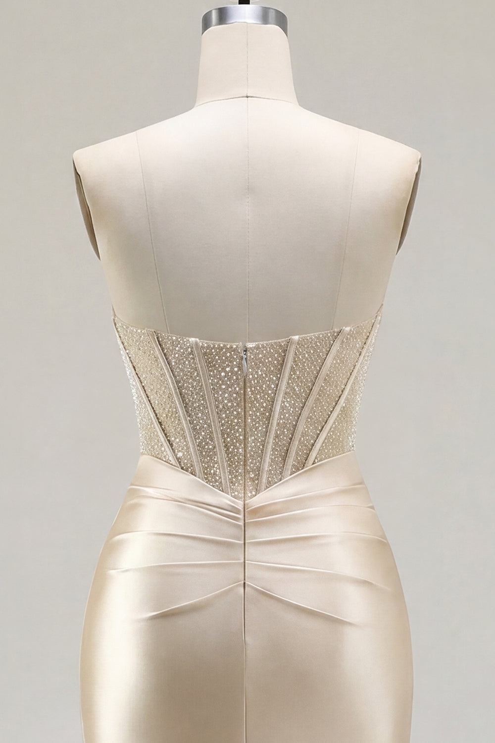 Champagne Corset Tight Short Strapless Ruched Homecoming Dress with Slit