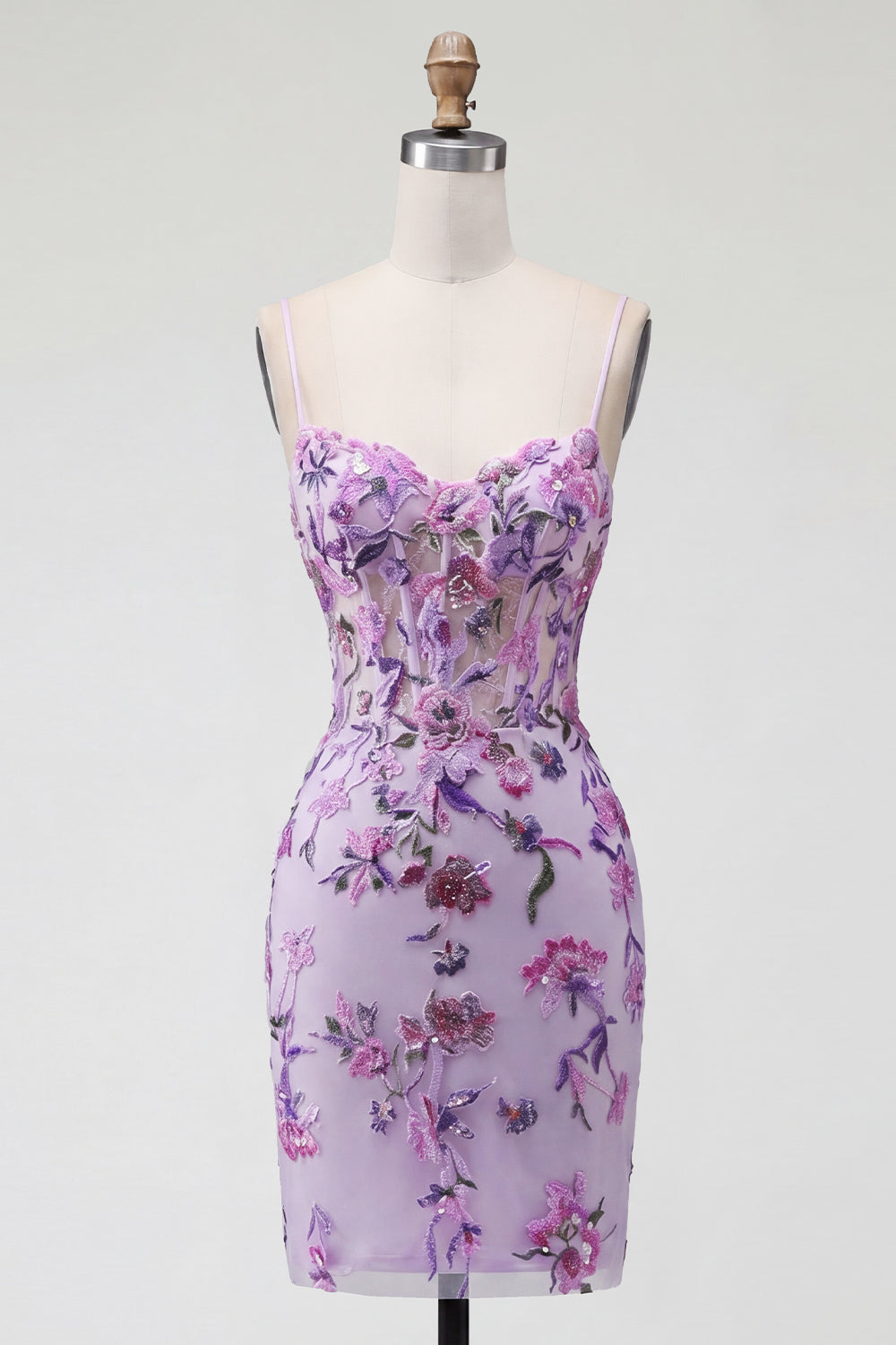 Sparkly Purple Floral Spaghetti Straps Corset Tight Short Beaded Homecoming Dress