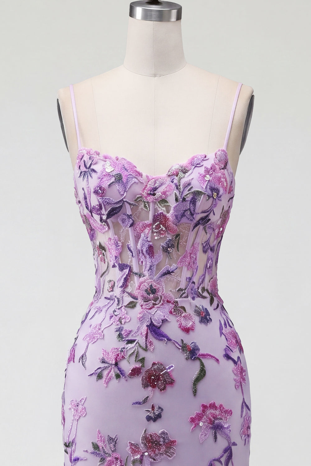 Sparkly Purple Floral Spaghetti Straps Corset Tight Short Beaded Homecoming Dress