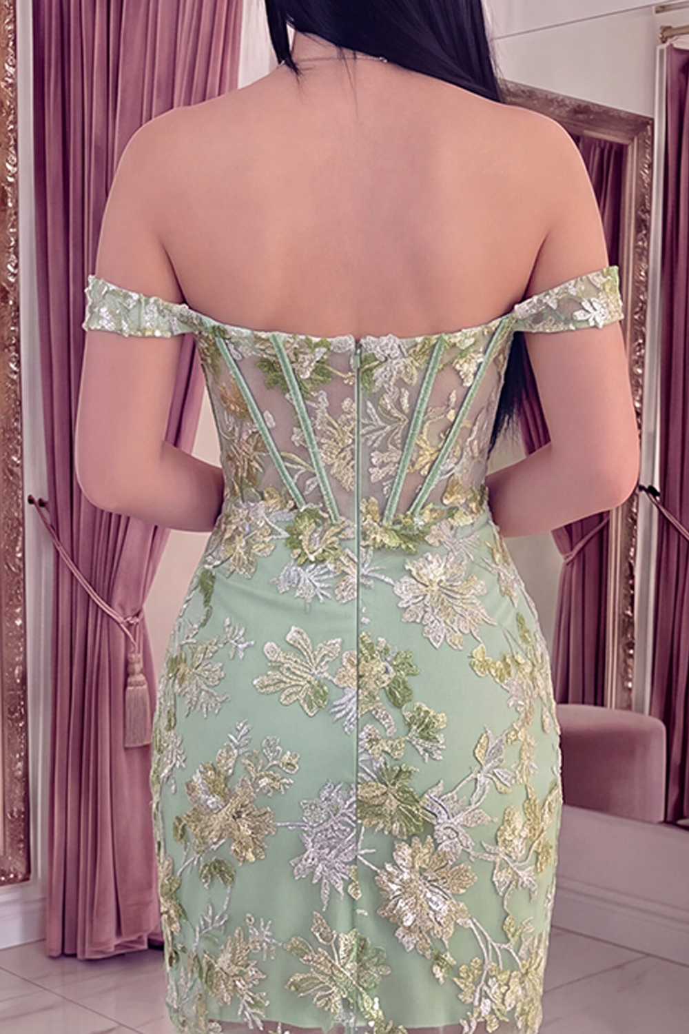 Green Tight Off the Shoulder Floral Short Corset Homecoming Dress