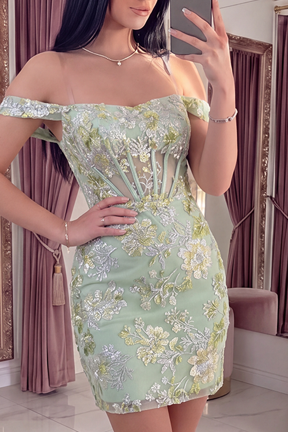 Green Tight Off the Shoulder Floral Short Corset Homecoming Dress