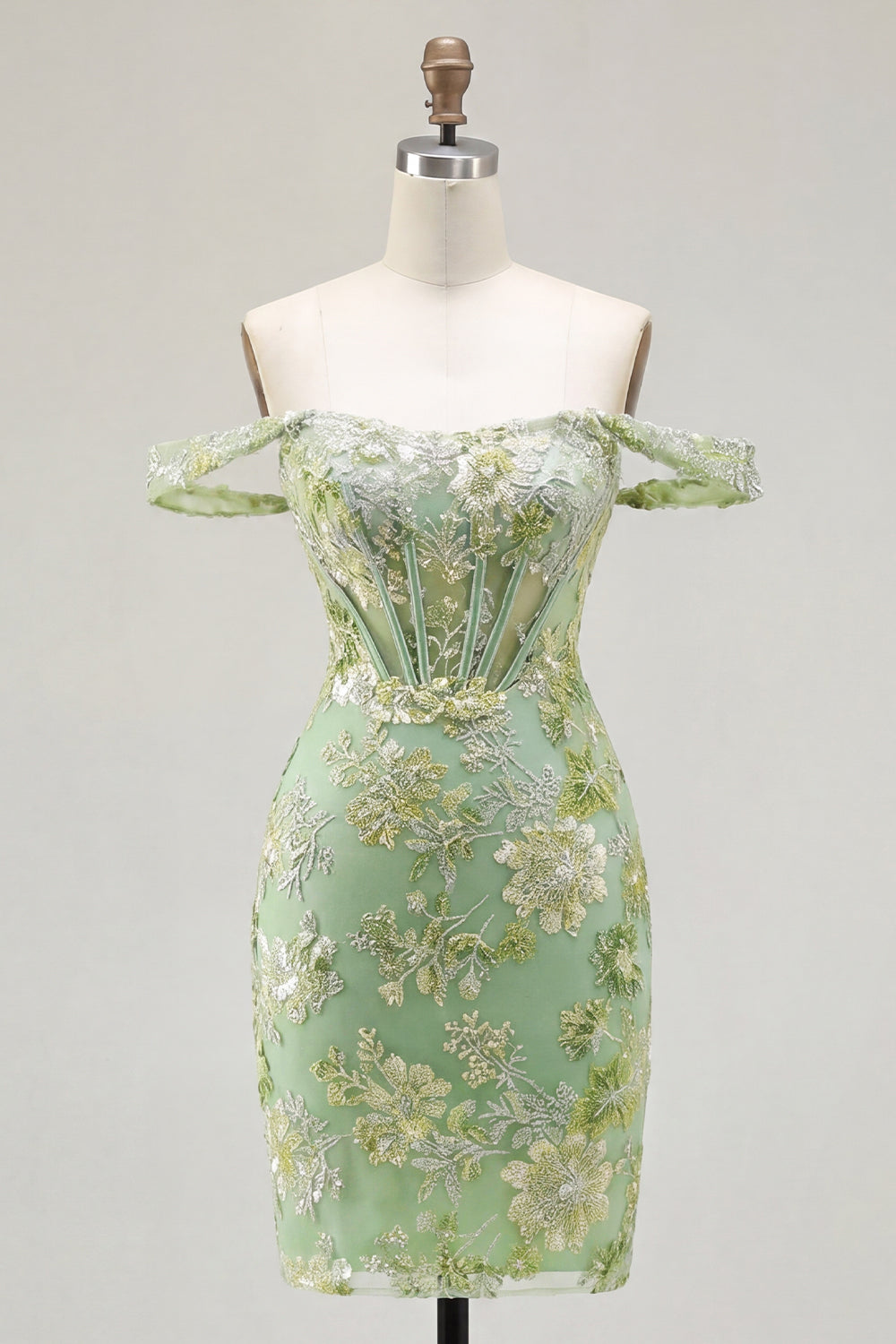 Green Tight Off the Shoulder Floral Short Corset Homecoming Dress