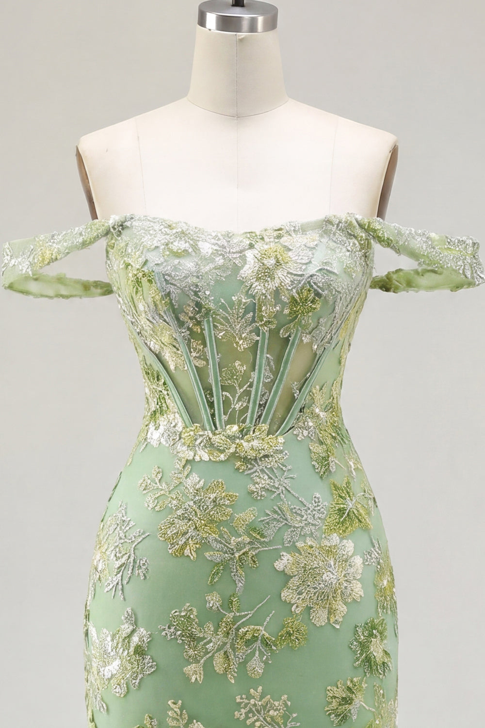 Green Tight Off the Shoulder Floral Short Corset Homecoming Dress
