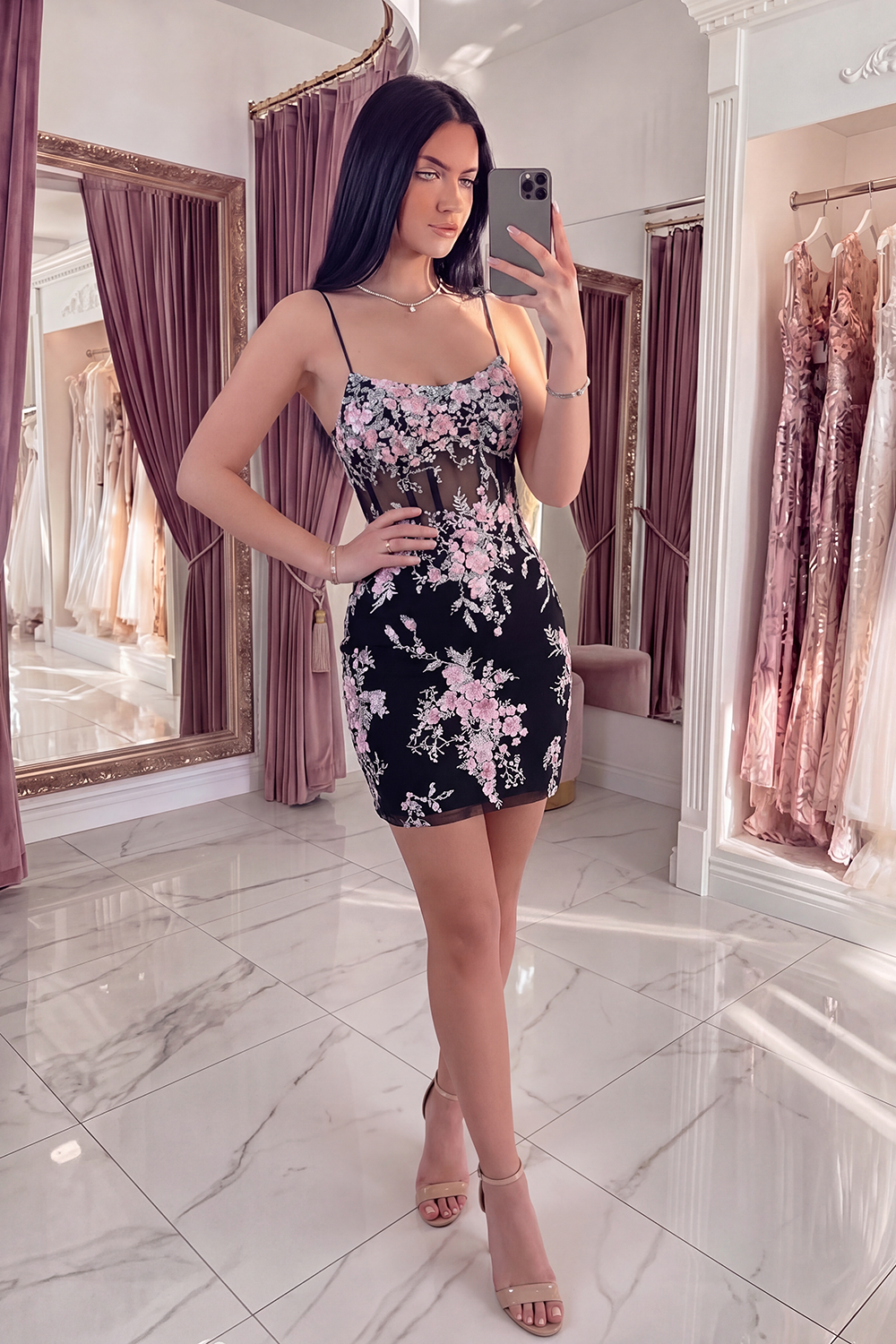 Black Pink Flower Spaghetti Straps Tight Short Corset Homecoming Dress