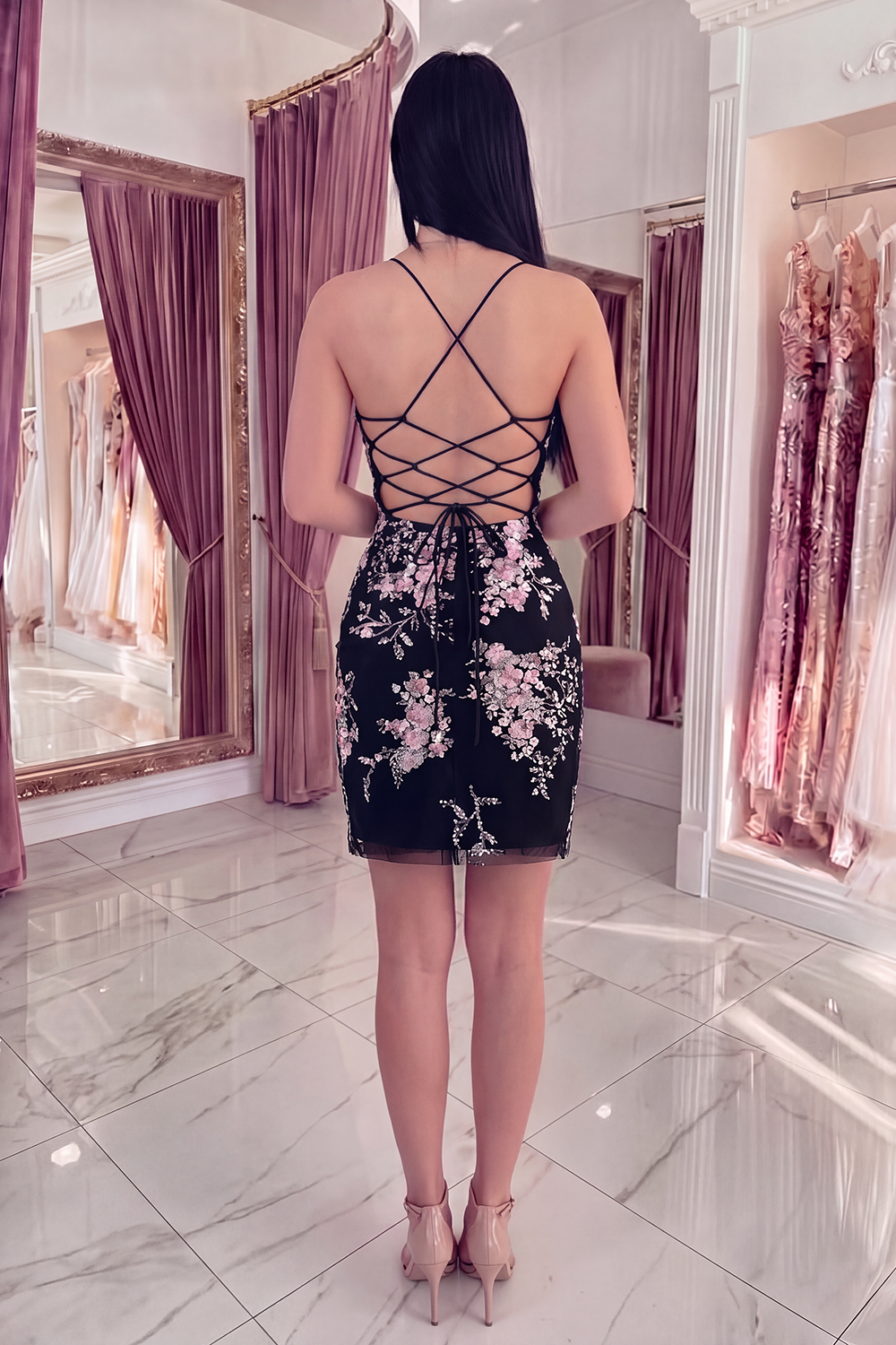 Black Pink Flower Spaghetti Straps Tight Short Corset Homecoming Dress