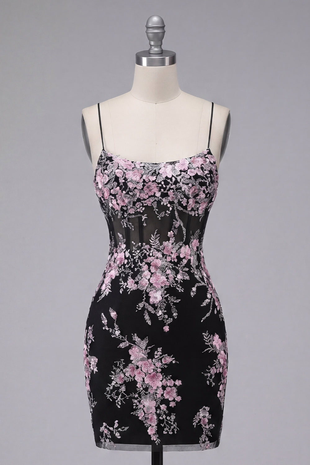 Black Pink Flower Spaghetti Straps Tight Short Corset Homecoming Dress