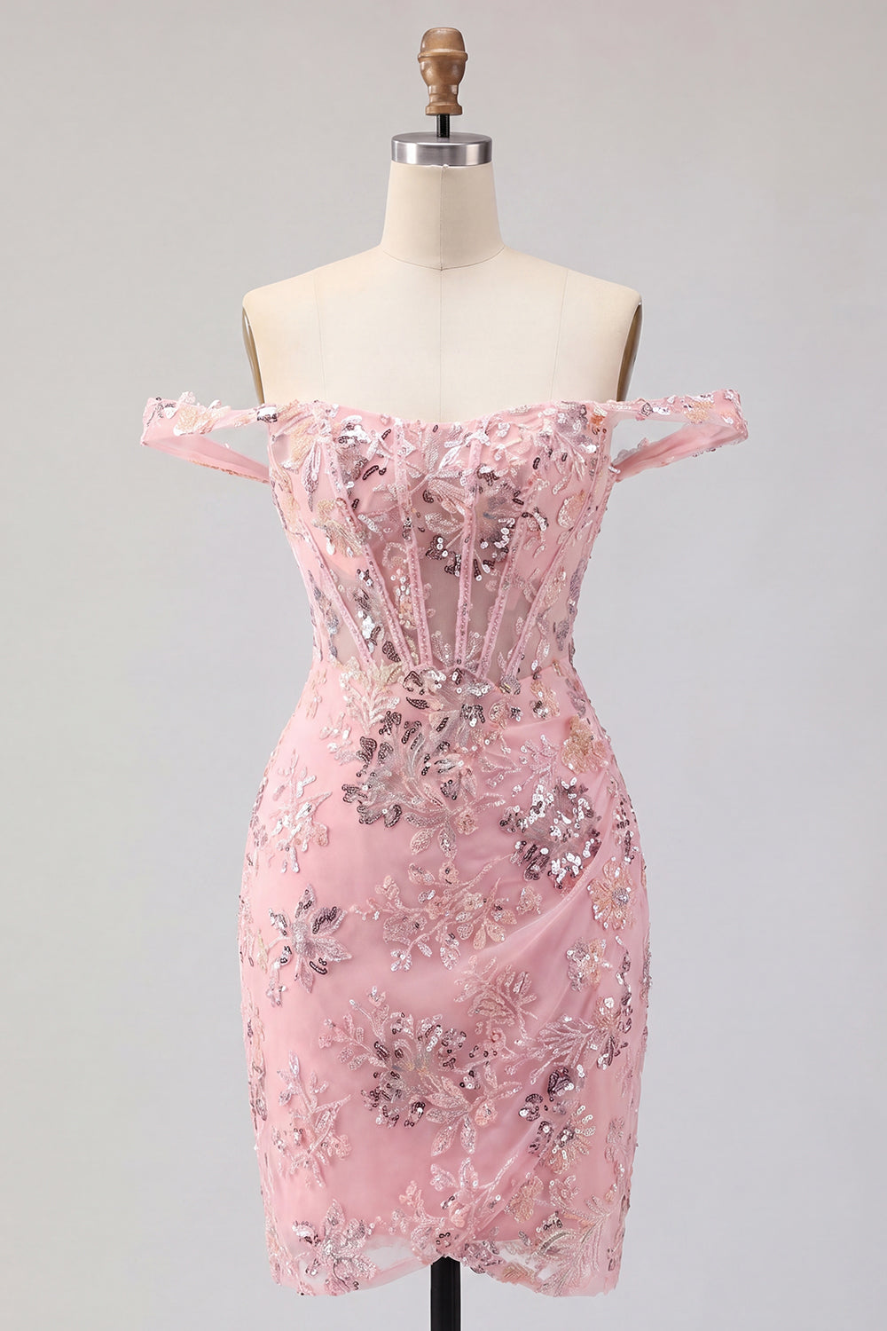 Sparkly Blush Floral Corset Tight Short Beaded Homecoming Dress