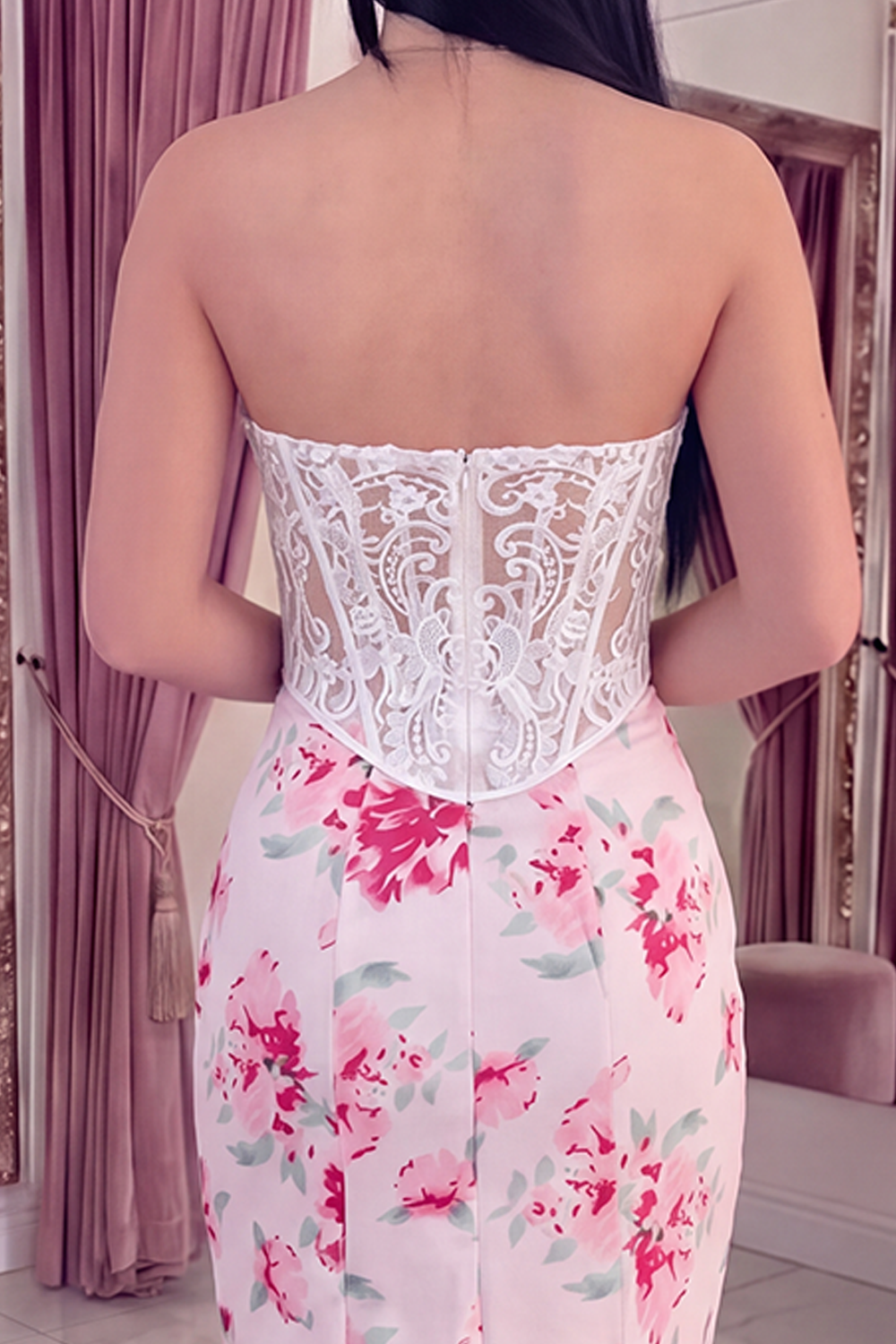 White Fuchsia Flower Tight Sweetheart Short Corset Homecoming Dress with Lace