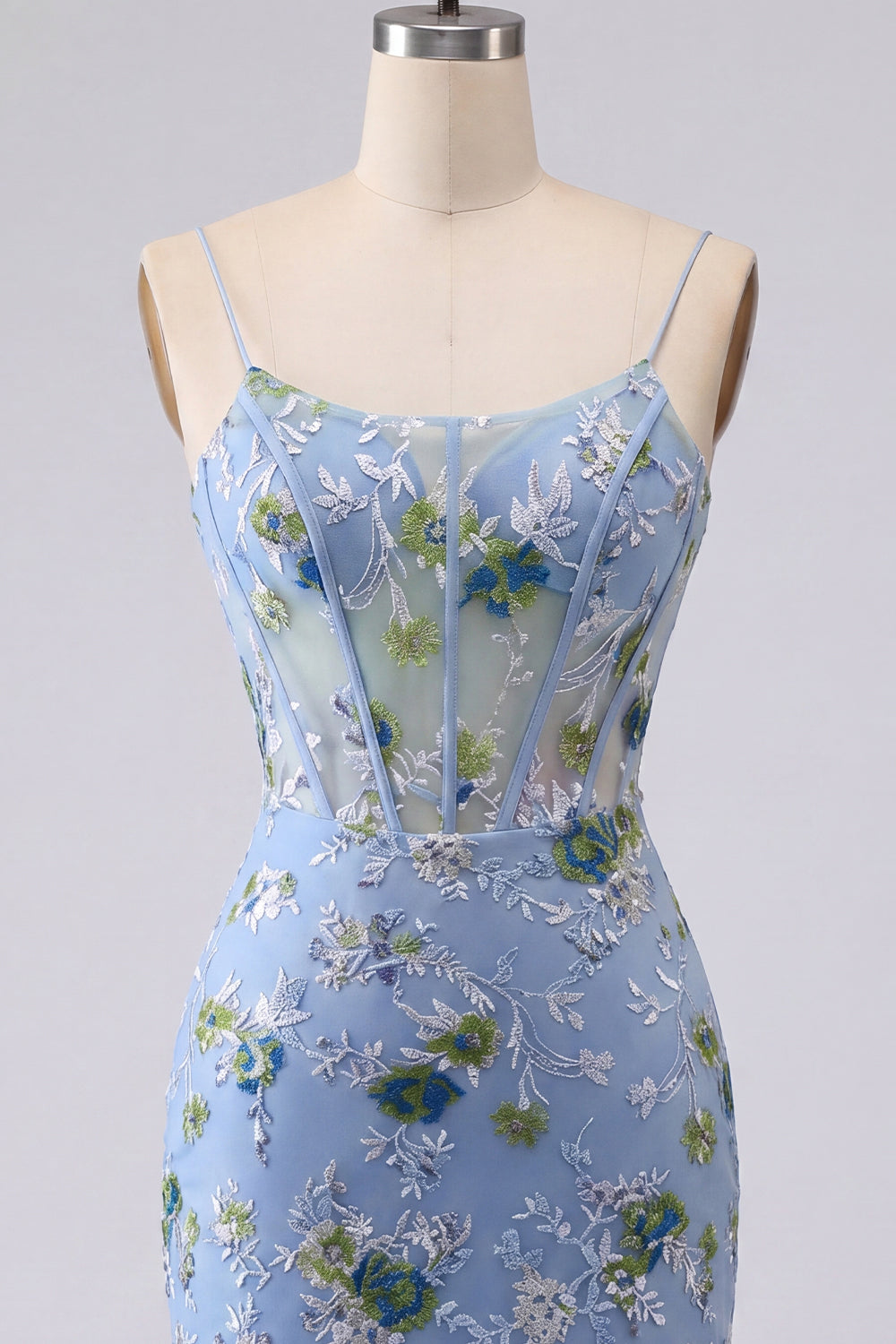 Blue Spaghetti Straps Tight Floral Short Corset Homecoming Dress