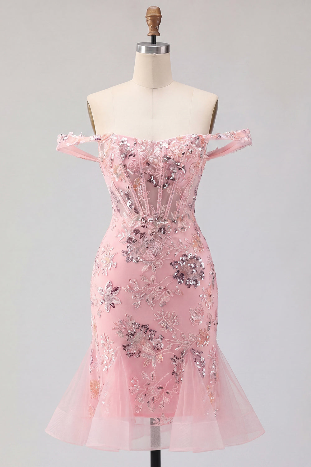 Sparkly Blush Corset Tight Short Floral Beaded Homecoming Dress