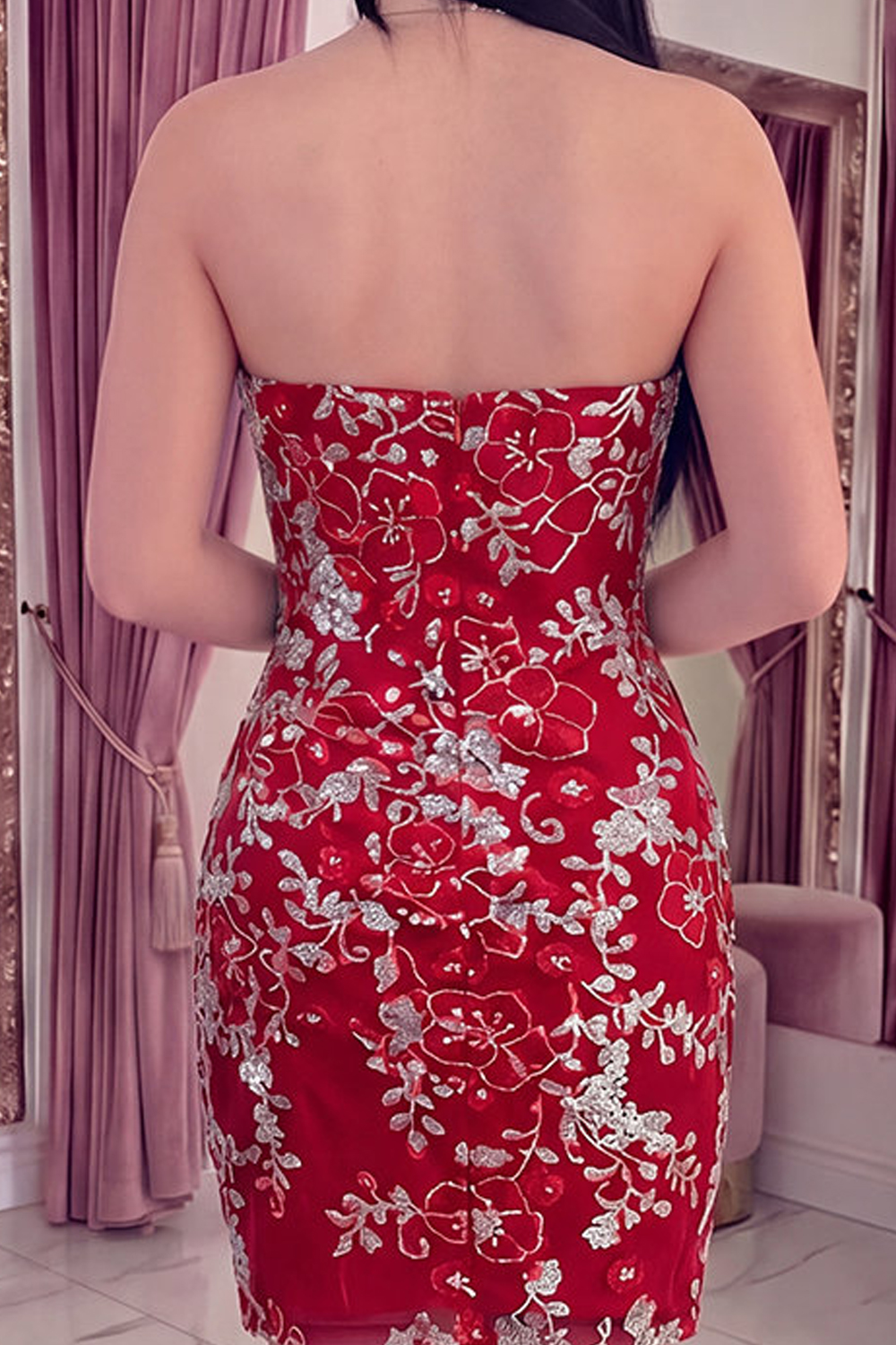 Sparkly Red Short Beaded Tight Ruched Floral Strapless Homecoming Dress