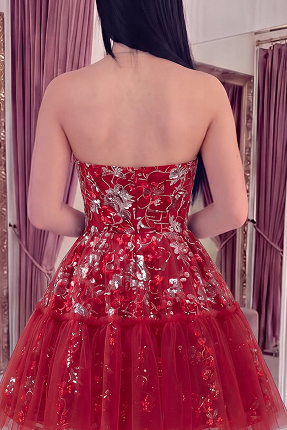 Red A Line Sparkly Short Beaded Ruched Floral Homecoming Dress with Ruffles
