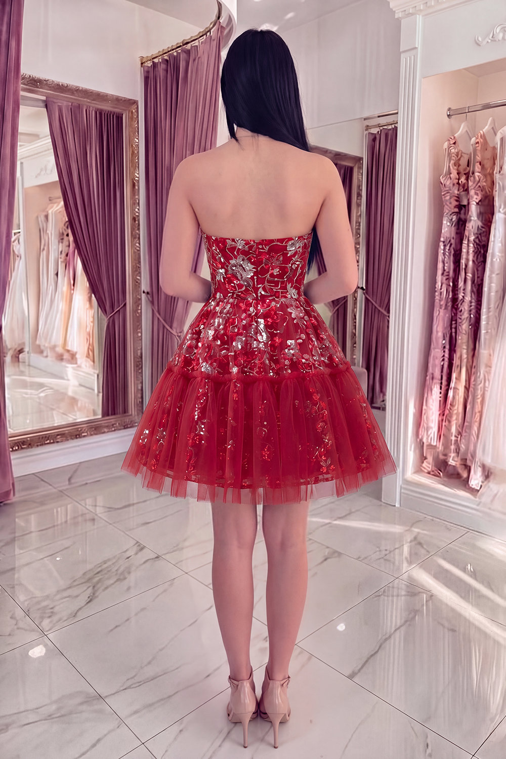 Red A Line Sparkly Short Beaded Ruched Floral Homecoming Dress with Ruffles