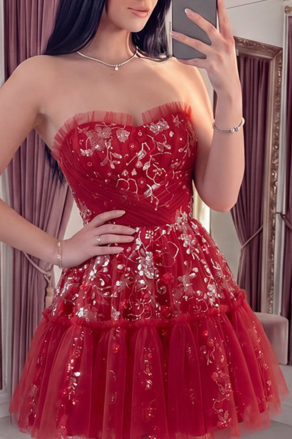 Red A Line Sparkly Short Beaded Ruched Floral Homecoming Dress with Ruffles