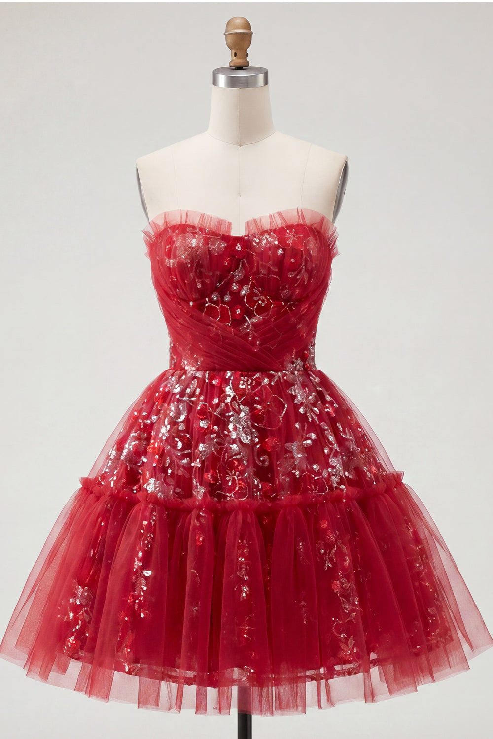 Red A Line Sparkly Short Beaded Ruched Floral Homecoming Dress with Ruffles
