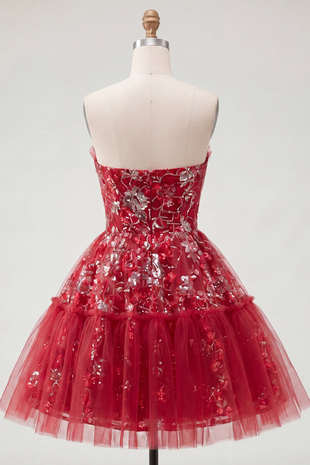 Red A Line Sparkly Short Beaded Ruched Floral Homecoming Dress with Ruffles