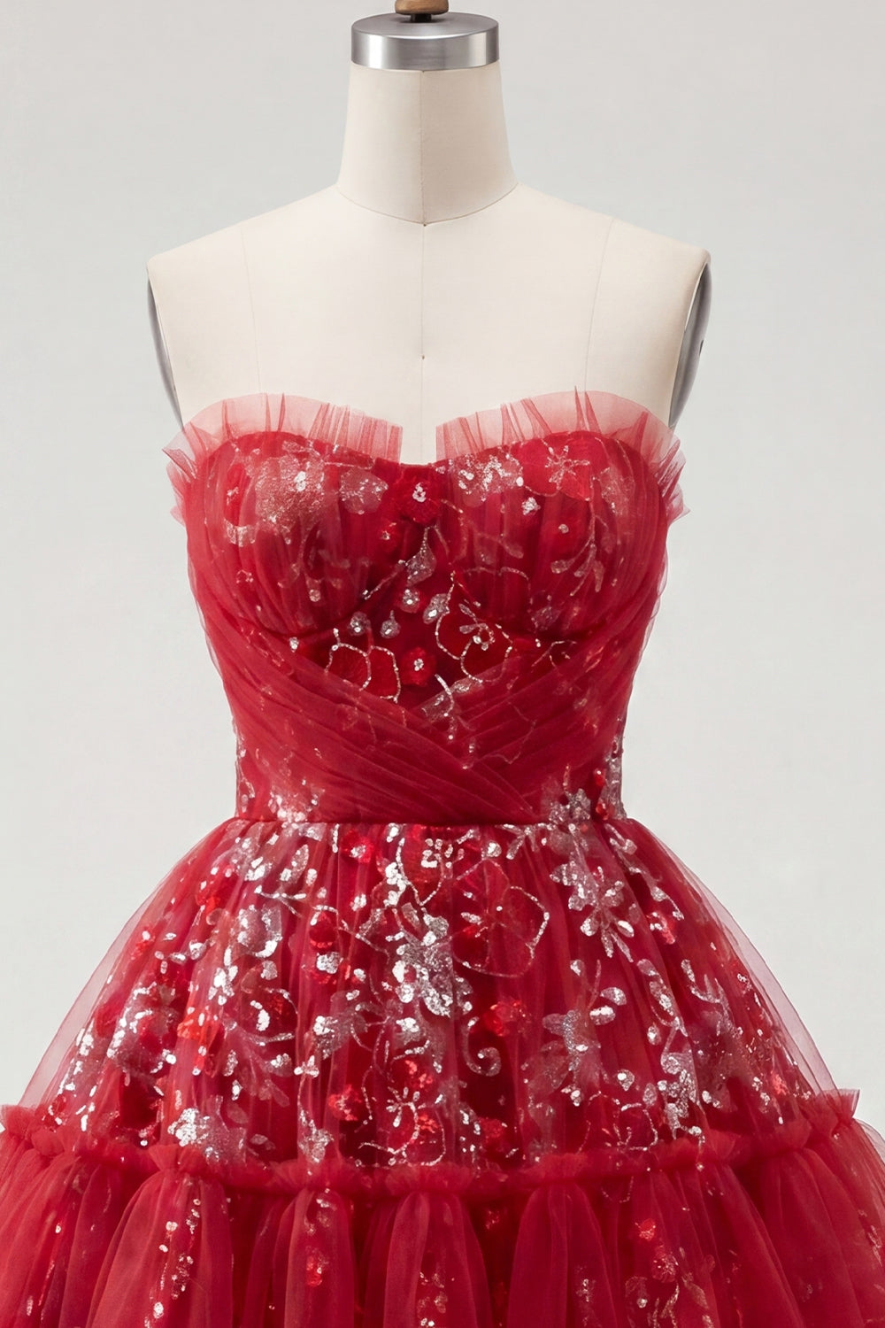 Red A Line Sparkly Short Beaded Ruched Floral Homecoming Dress with Ruffles