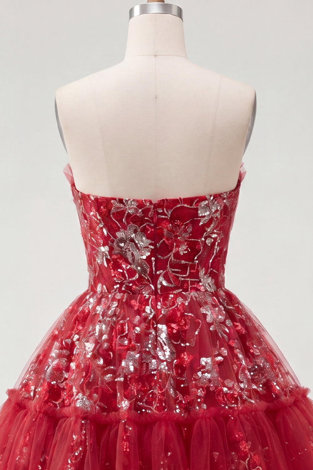 Red A Line Sparkly Short Beaded Ruched Floral Homecoming Dress with Ruffles
