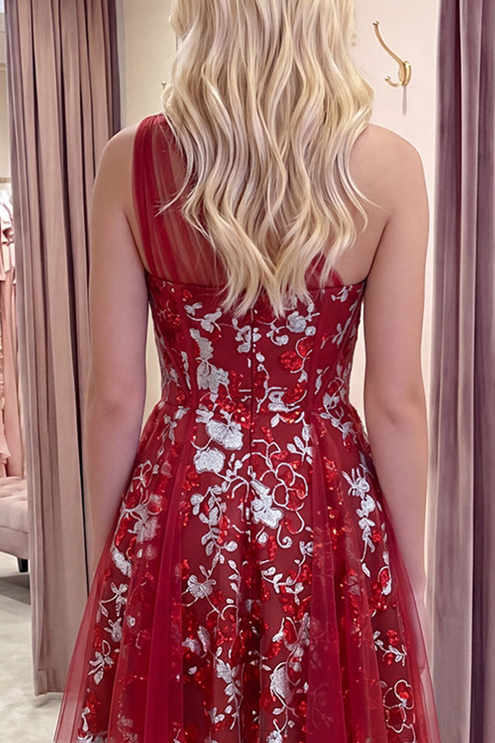 Sparkly Red Floral Corset A Line Short Beaded Homecoming Dress with Ruffles