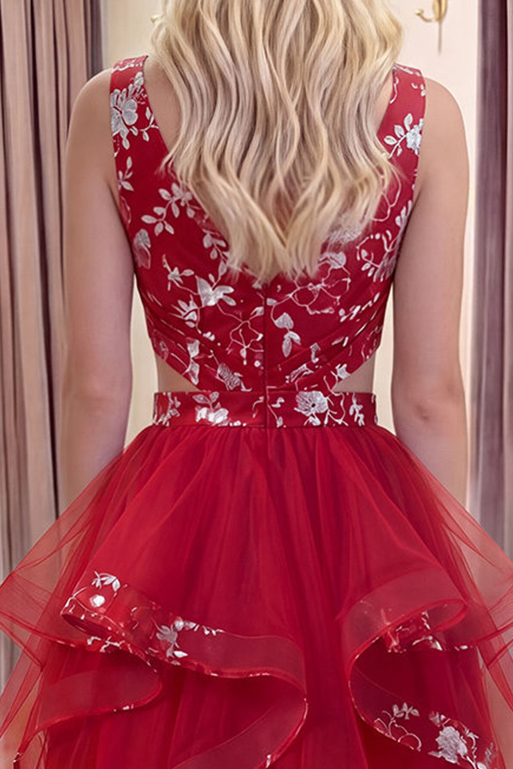 Red A Line Floral Short Ruched Cut Out Homecoming Dress with Ruffles