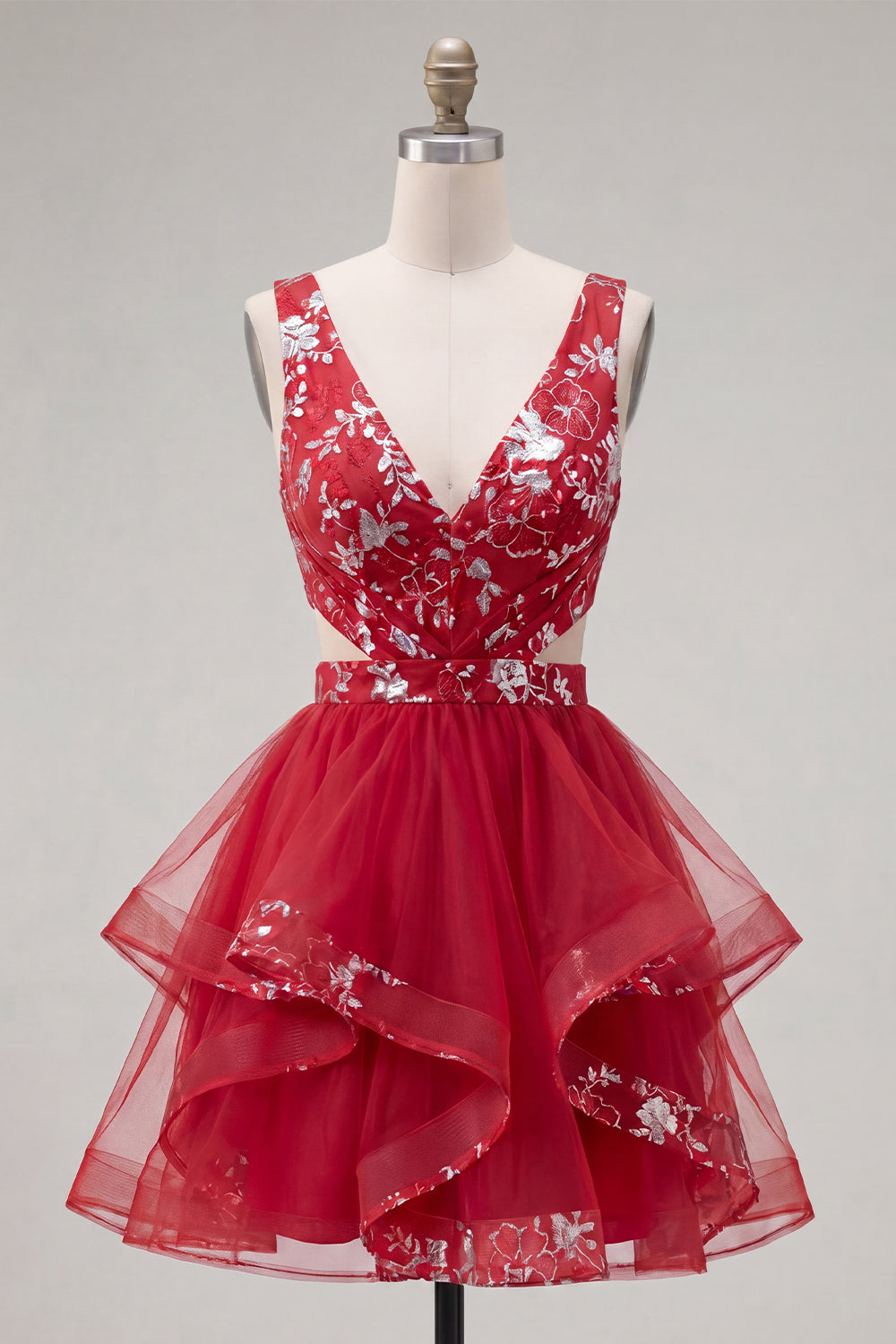 Red A Line Floral Short Ruched Cut Out Homecoming Dress with Ruffles