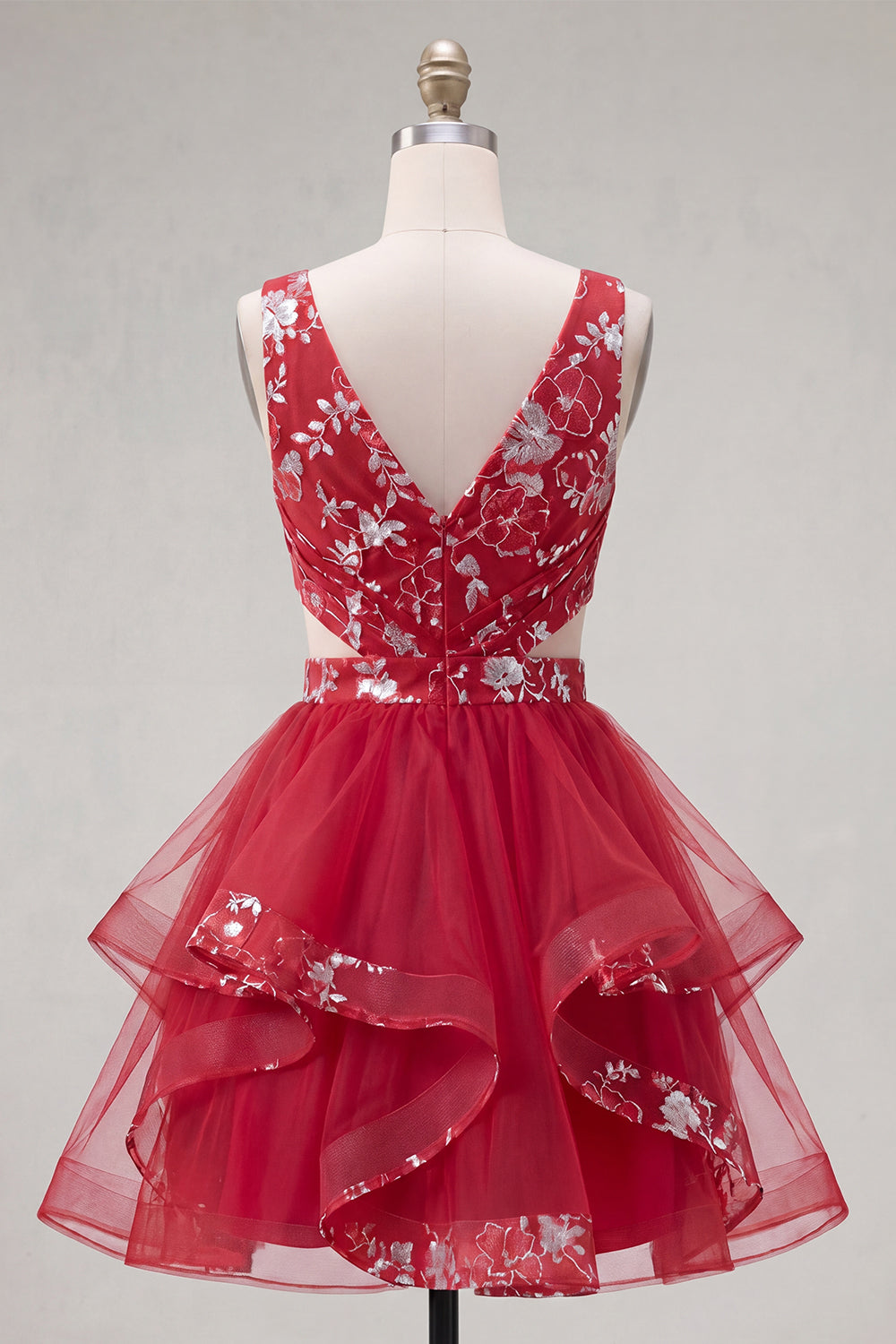 Red A Line Floral Short Ruched Cut Out Homecoming Dress with Ruffles