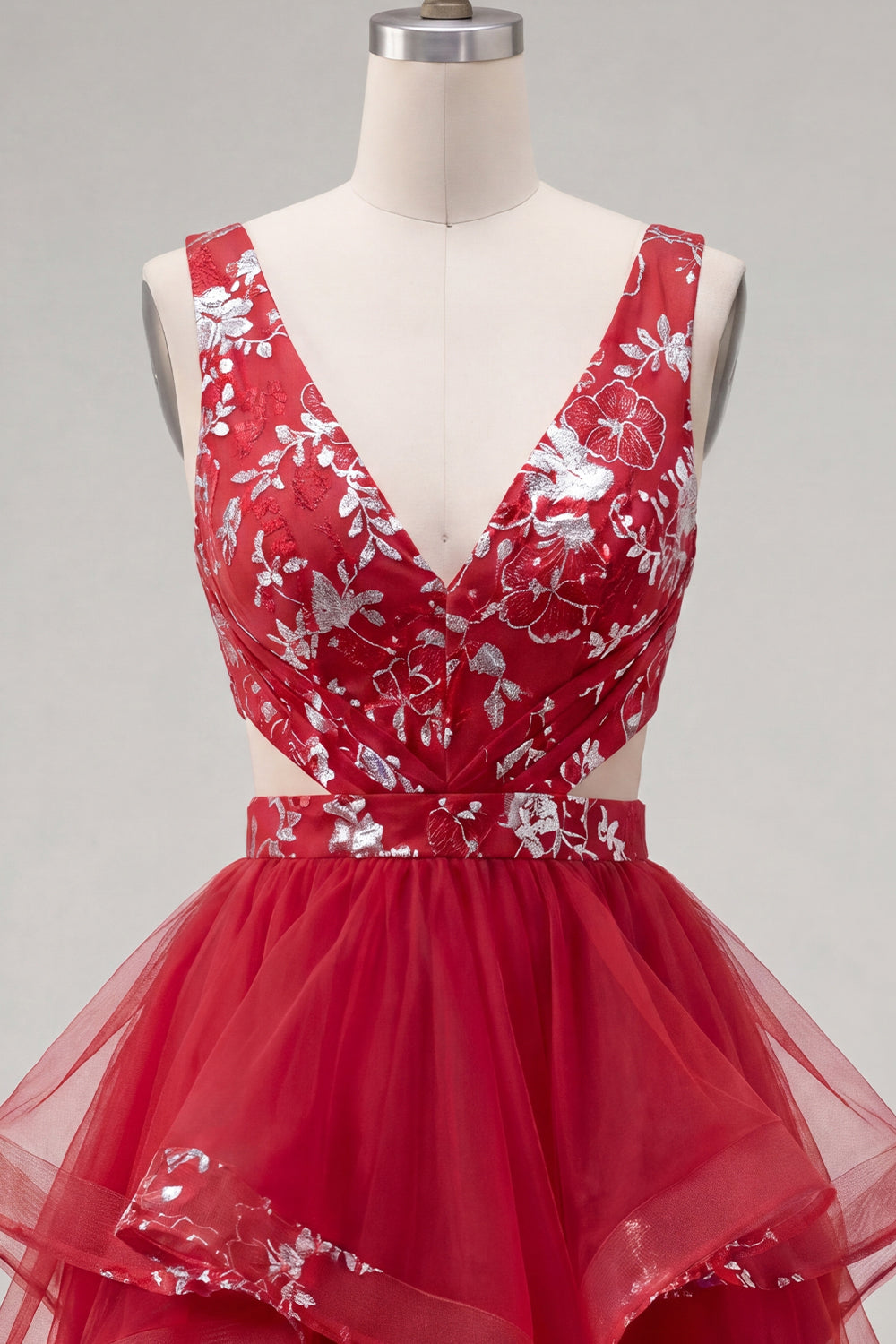 Red A Line Floral Short Ruched Cut Out Homecoming Dress with Ruffles