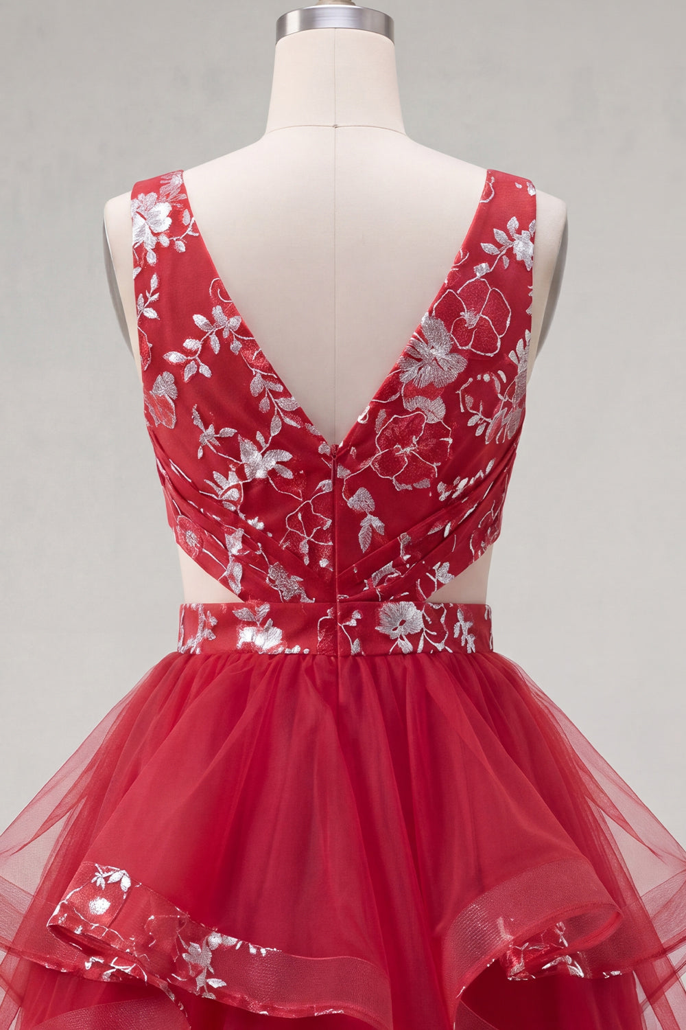 Red A Line Floral Short Ruched Cut Out Homecoming Dress with Ruffles
