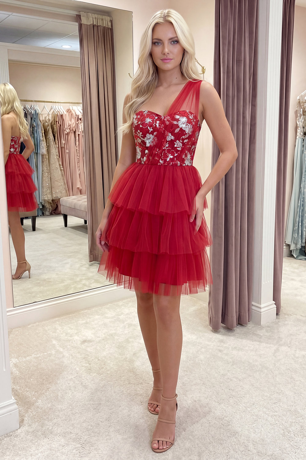 Red One Shoulder Floral A Line Short Homecoming Dress with Ruffles