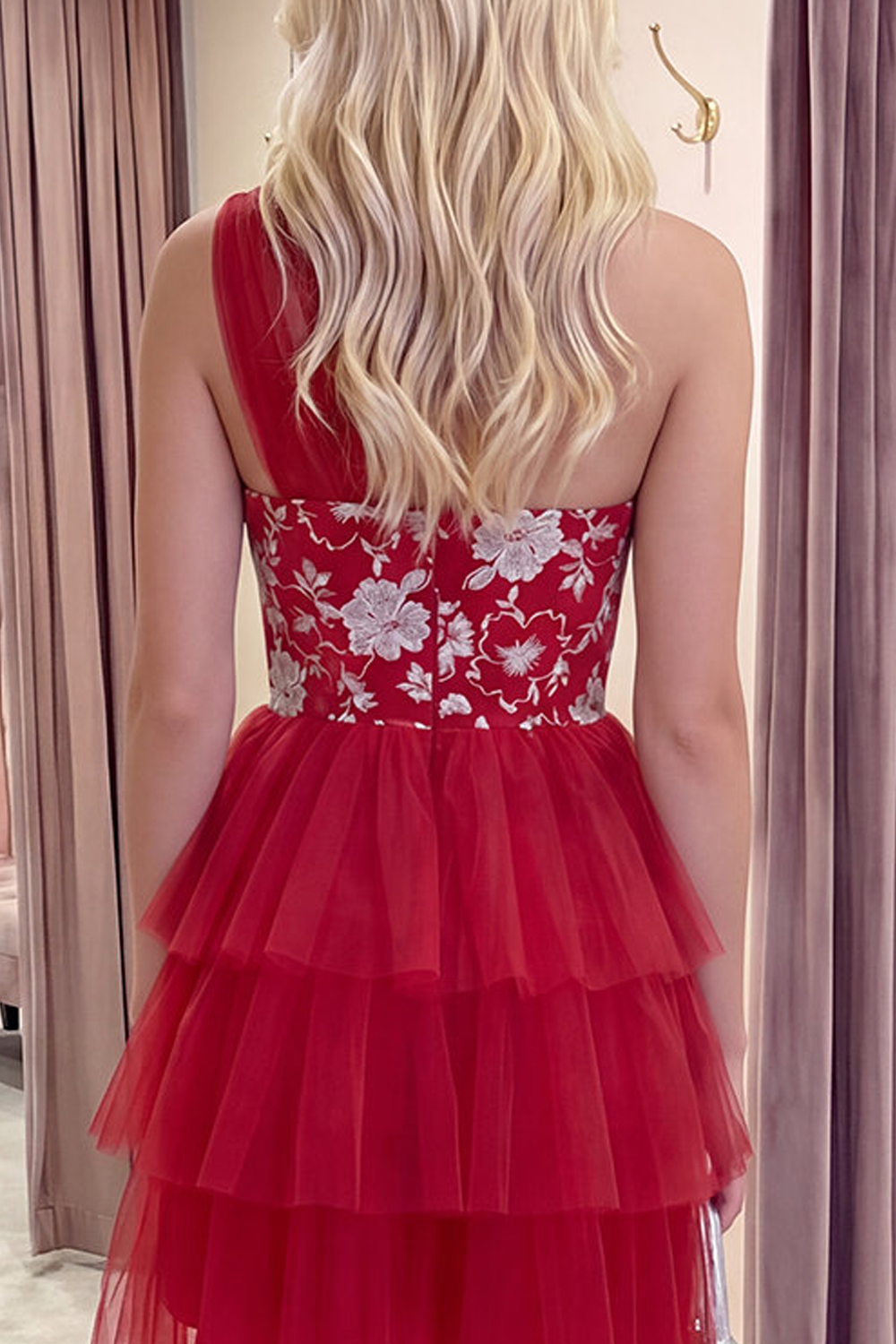 Red One Shoulder Floral A Line Short Homecoming Dress with Ruffles