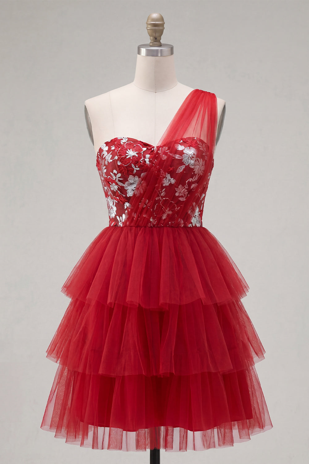 Red One Shoulder Floral A Line Short Homecoming Dress with Ruffles