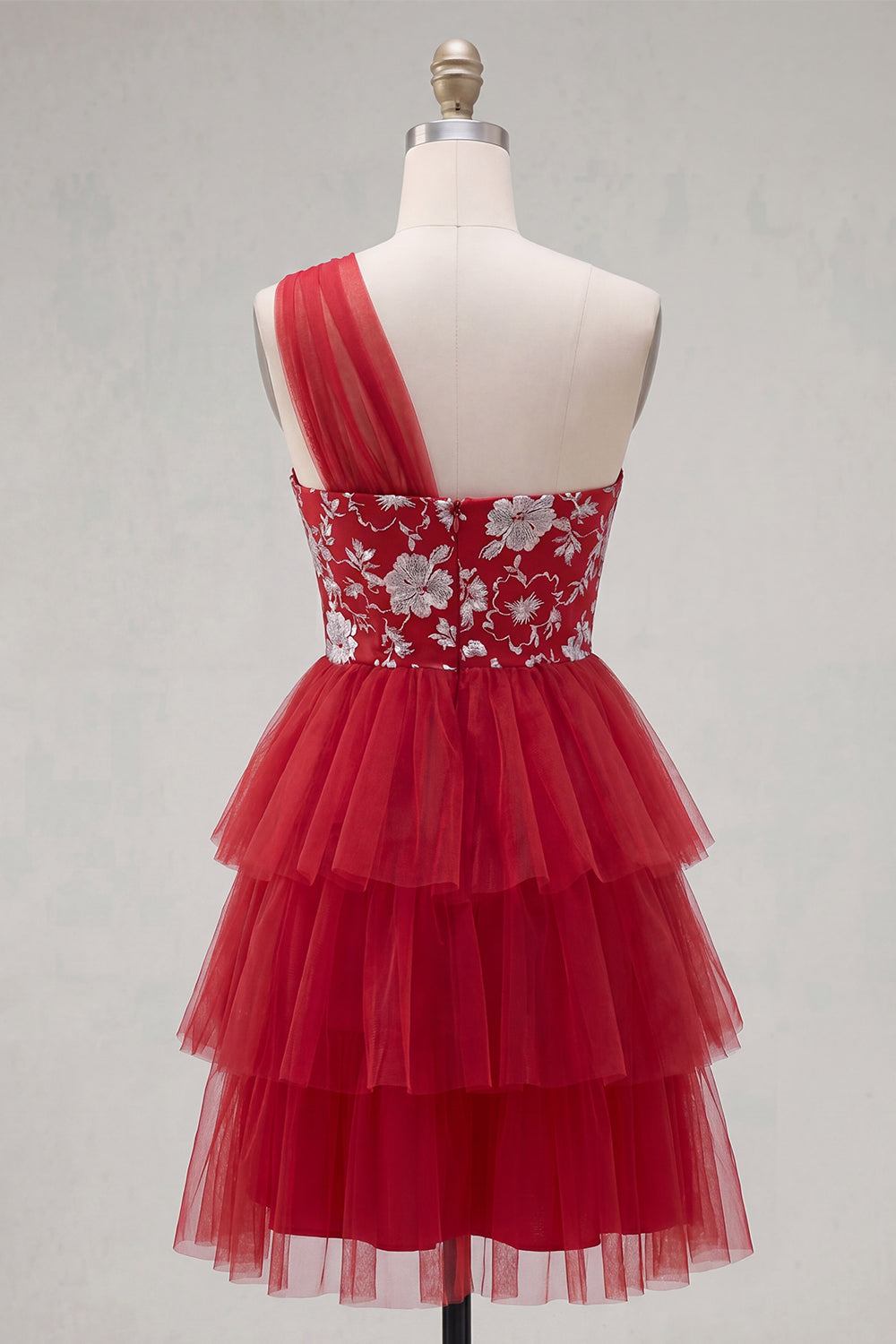 Red One Shoulder Floral A Line Short Homecoming Dress with Ruffles