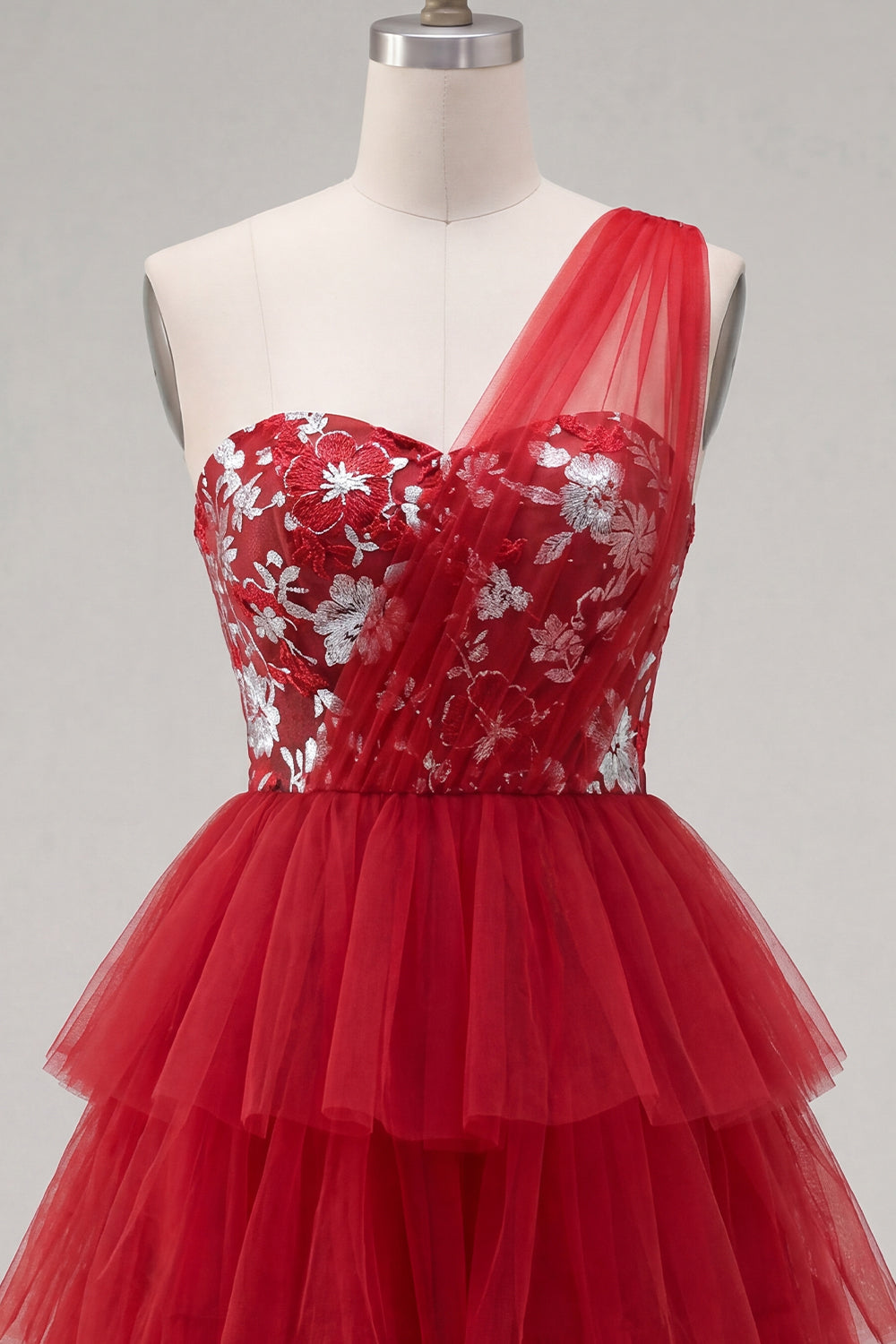 Red One Shoulder Floral A Line Short Homecoming Dress with Ruffles