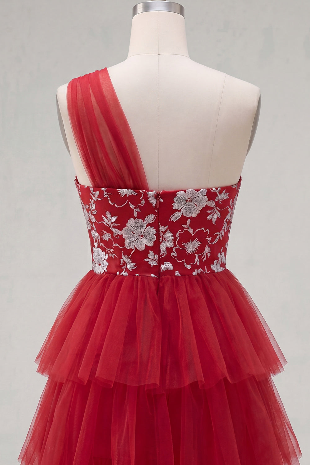 Red One Shoulder Floral A Line Short Homecoming Dress with Ruffles