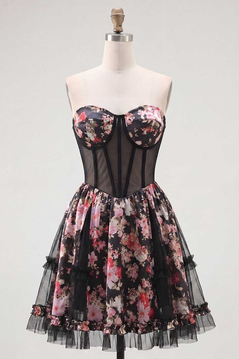 Black Pink Flower A Line Strapless Short Corset Homecoming Dress